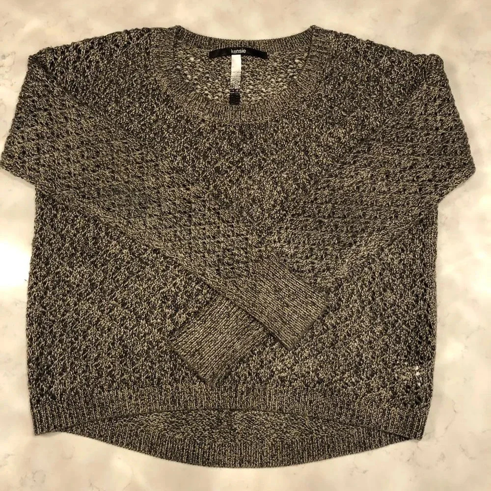 Kensie Lg Slv Scoop Neck Open Weave Acrylic Cotton Two Tone Sweater Gray Sz M